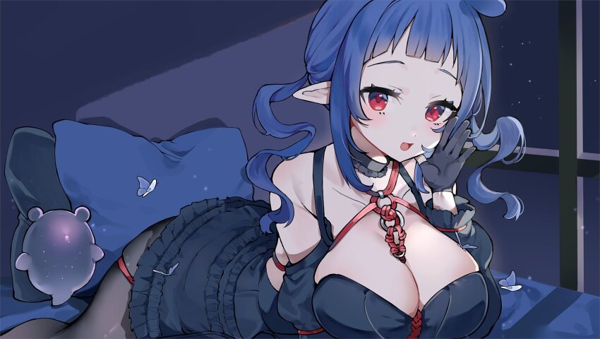 1girl, black_choker, black_dress, black_gloves, blue_butterfly, blue_hair, breasts, bug