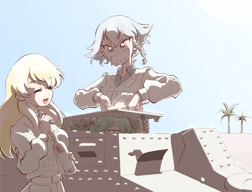 >:), ...?, 3girls, alcohol, anchovy_(girls_und_panzer), anzio_military_uniform, anzio_school_uniform, black_hair, black_ribbon, black_shirt, blonde_hair, bottle, braid, carpaccio_(girls_und_panzer), carro_veloce_cv-33, cooking, cork, desert, dress_shirt, drill_hair, ebitama_(ebitamamix), girls_und_panzer, green_hair, highres, hot, long_hair, military, military_vehicle, motor_vehicle, multiple_girls, palm_tree, pepperoni_(girls_und_panzer), red_wine, ribbon, school_uniform, shirt, short_hair, side_braid, smile, sweat, sweatdrop, tank, tree, twin_drills, v-shaped_eyebrows, wine, wine_bottle