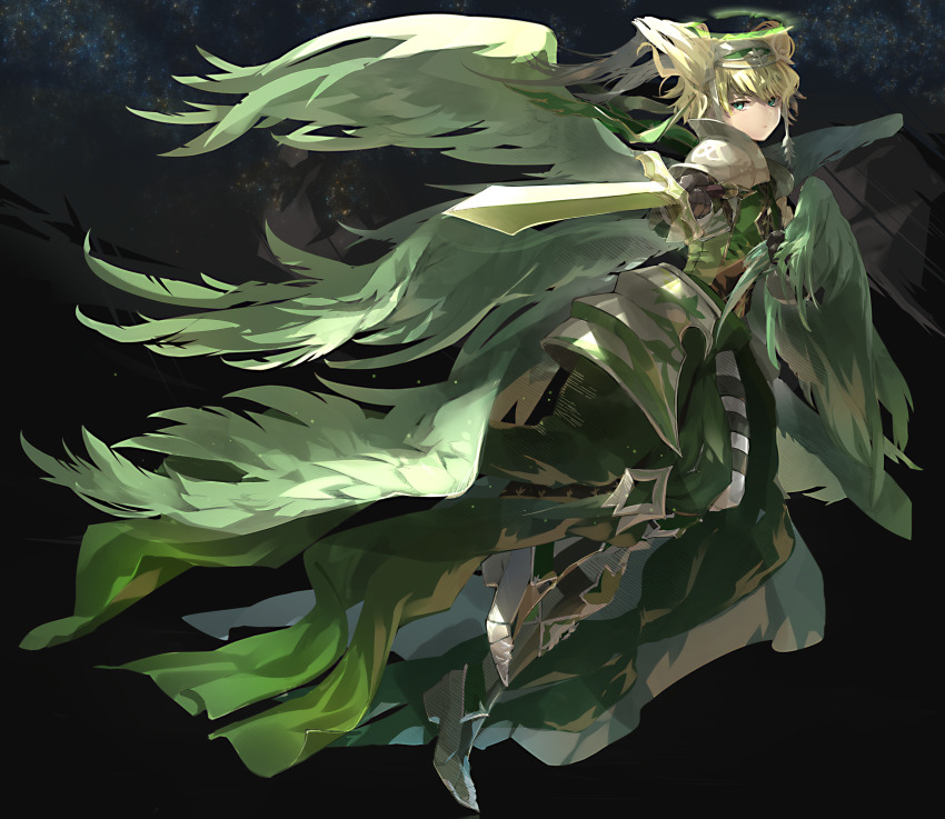 1boy, absurdres, angel, archangel_michael_(p&amp;d), black_gloves, blonde_hair, blue_eyes, boots