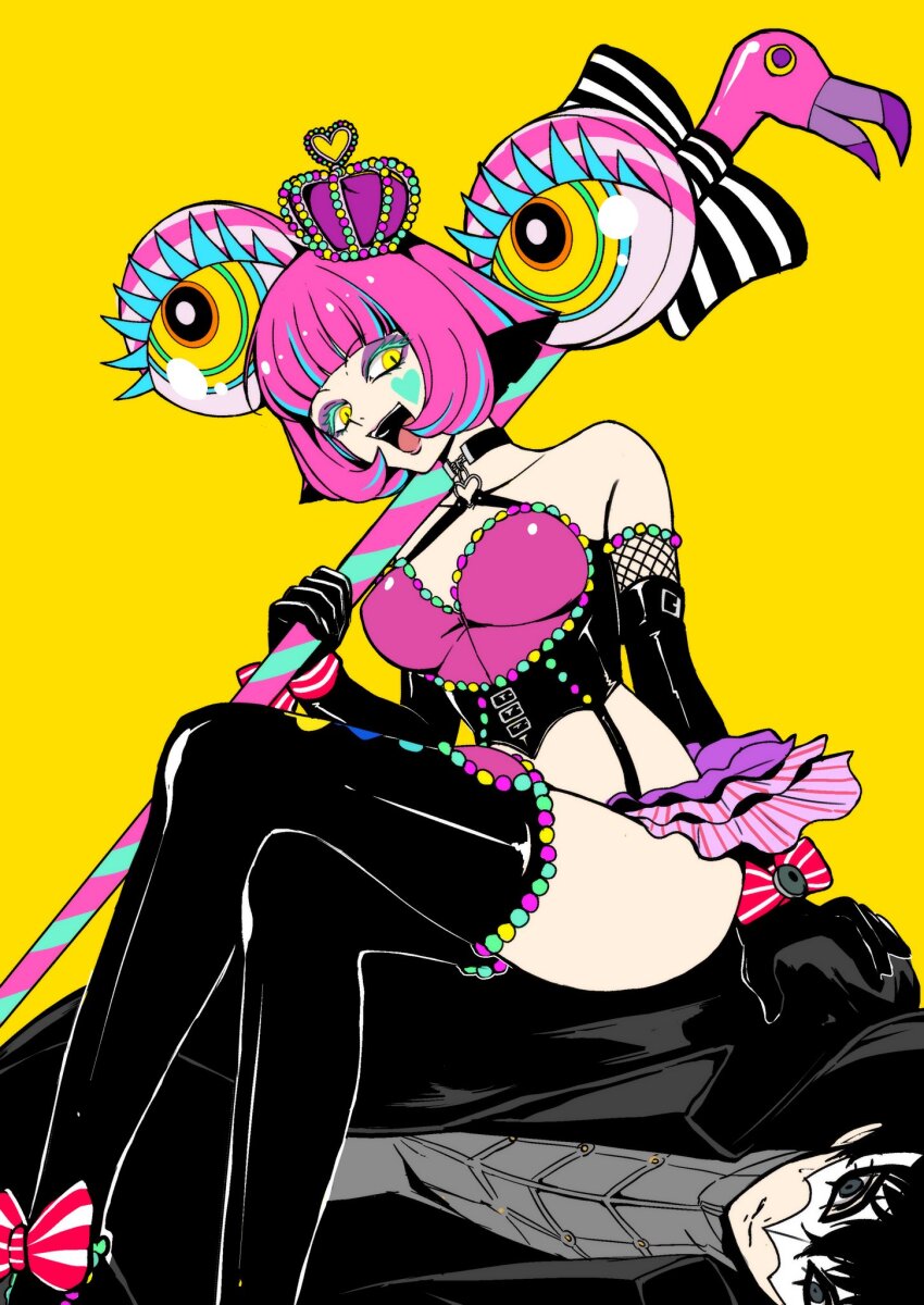 1boy, 1girl, amamiya_ren, aqua_hair, black_coat, black_gloves, black_thighhighs, bow