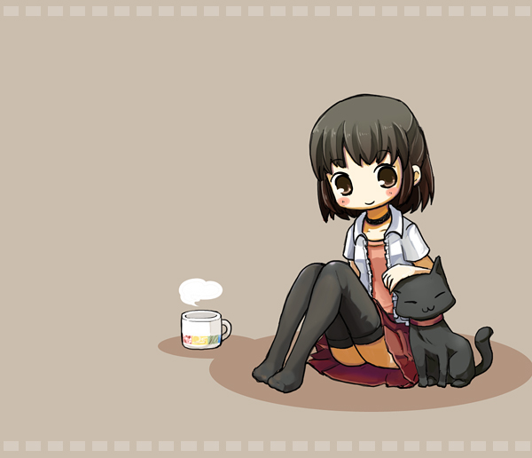1girl, bad_id, bad_pixiv_id, black_hair, blush, brown_eyes, cat, chibi