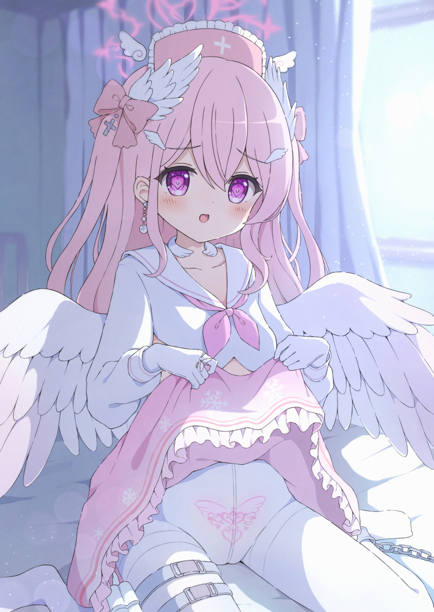 1girl, :o, belt, blush, bow, breasts, chain, clothes_lift, collarbone, commission, cross_hair_ornament, crotch_seam, cuffs, curtains, day, dot_nose, earrings, feathered_wings, frilled_skirt, frills, furrowed_brow, gloves, hair_between_eyes, hair_bow, hair_ornament, hat, head_wings, heart, heart-shaped_pupils, highres, indoors, infirmary, jewelry, lifting_own_clothes, long_hair, medium_breasts, mini_wings, nurse_cap, on_bed, open_mouth, original, pantyhose, pink_bow, pink_hair, pink_skirt, print_skirt, pubic_tattoo, purple_eyes, sailor_collar, school_uniform, serafuku, shackles, shirt, sidelocks, sitting, skeb_commission, skirt, skirt_lift, snowflake_print, symbol-shaped_pupils, tattoo, thigh_belt, thigh_strap, thighband_pantyhose, two_side_up, tyomimas, wariza, white_gloves, white_pantyhose, white_sailor_collar, white_shirt, white_wings, window, wings