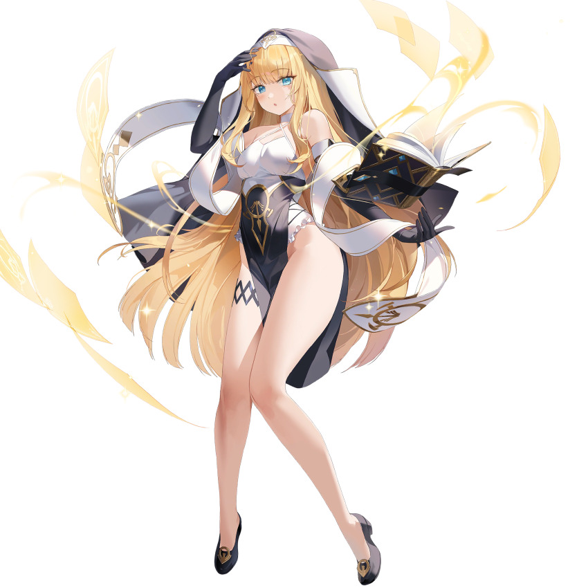 1girl, bare_legs, bare_shoulders, black_footwear, black_gloves, black_veil, blonde_hair, blue_eyes