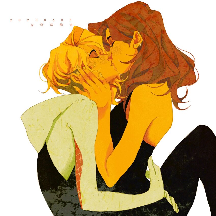 2girls, arms_around_another's_waist, asymmetrical_hair, black_bodysuit, black_tank_top, blonde_hair, bodysuit, chinese_commentary, chinese_text, closed_eyes, commentary, dated, ear_piercing, earrings, eyebrow_piercing, face_piercing, freckles, gwen_stacy, hand_on_another's_cheek, hand_on_another's_face, highres, hood, hood_down, hooded_bodysuit, jewelry, kiss, knee_up, luoman19921, marvel, mary_jane_watson, medium_hair, multicolored_bodysuit, multiple_earrings, multiple_girls, piercing, red_hair, simple_background, spider-gwen, spider-man:_into_the_spider-verse, spider-man_(series), spider-verse, tank_top, two-tone_bodysuit, undercut, white_background, white_bodysuit, yuri