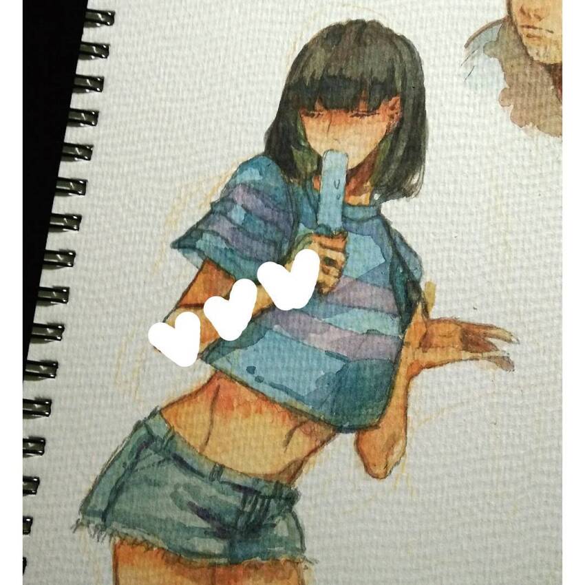 1girl, black_hair, bob_cut, closed_eyes, cropped_shirt, cutoff_jeans, cutoffs, denim, denim_shorts, fei_00714, food, food_in_mouth, frisk_(undertale), hand_up, holding, holding_food, holding_popsicle, midriff, navel, pants, popsicle, popsicle_in_mouth, shirt, short_hair, short_shorts, short_sleeves, shorts, solo, standing, striped_clothes, striped_shirt, t-shirt, tagme, undertale, utdr_(toby_fox)
