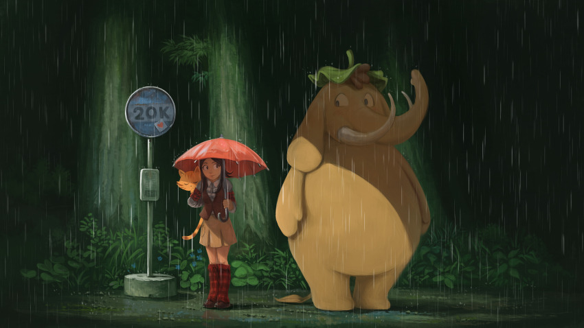 1girl, absurdres, arm_behind_back, breasts, brown_skirt, carrot_(pepper&amp;carrot), cat, commentary, david_revoy, elephant, english_commentary, highres, holding, holding_umbrella, improvised_umbrella, jacket, kneehighs, mastodon_(microblog), medium_breasts, milestone_celebration, miniskirt, original, parody, pepper&amp;carrot, pepper_(pepper&amp;carrot), plant, rain, red_jacket, road_sign, sign, skirt, socks, tonari_no_totoro, tree, tusks, umbrella