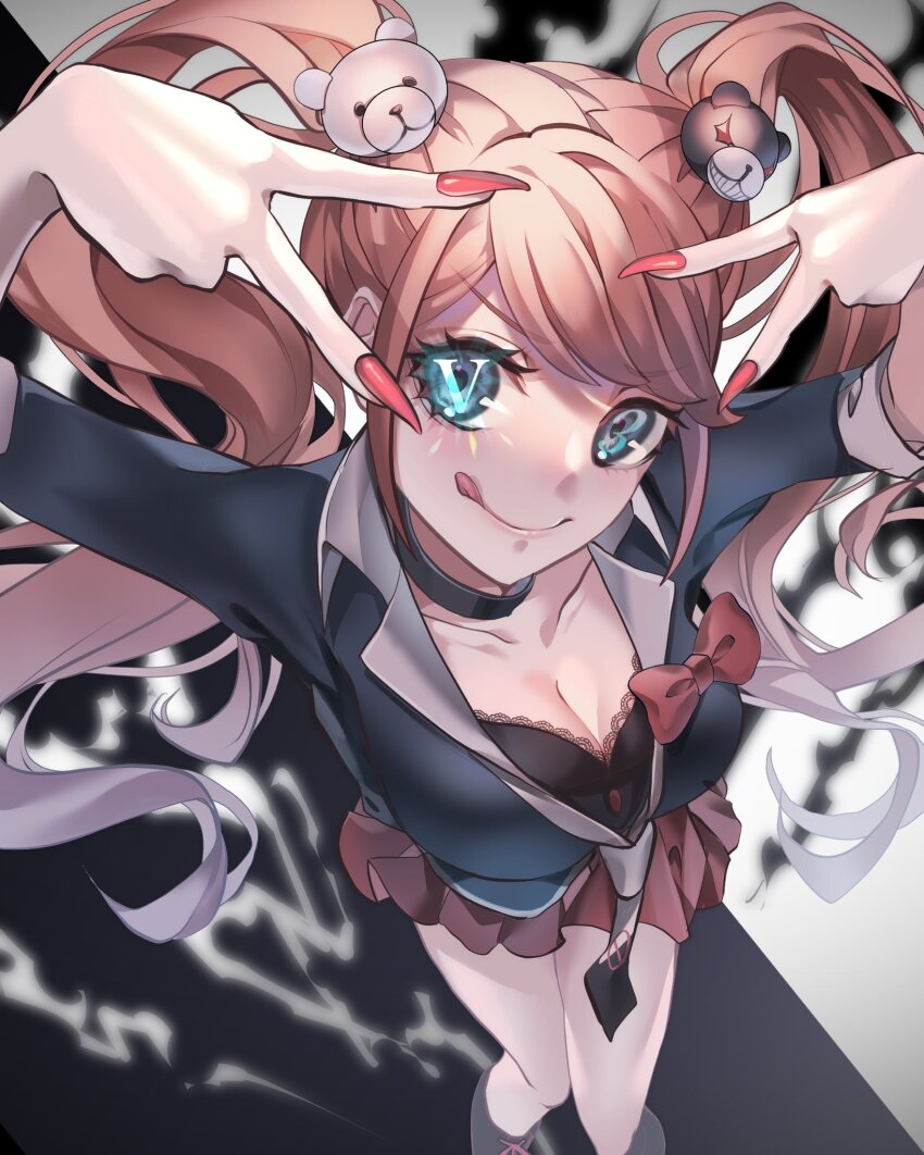 1girl, :q, arms_up, bear_hair_ornament, black_background, black_bra, black_choker, black_necktie