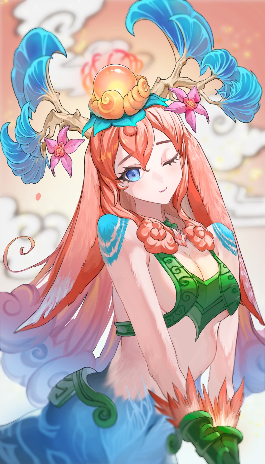 1girl, ;), absurdres, animal_ears, antlers, bare_shoulders, blue_eyes, bra