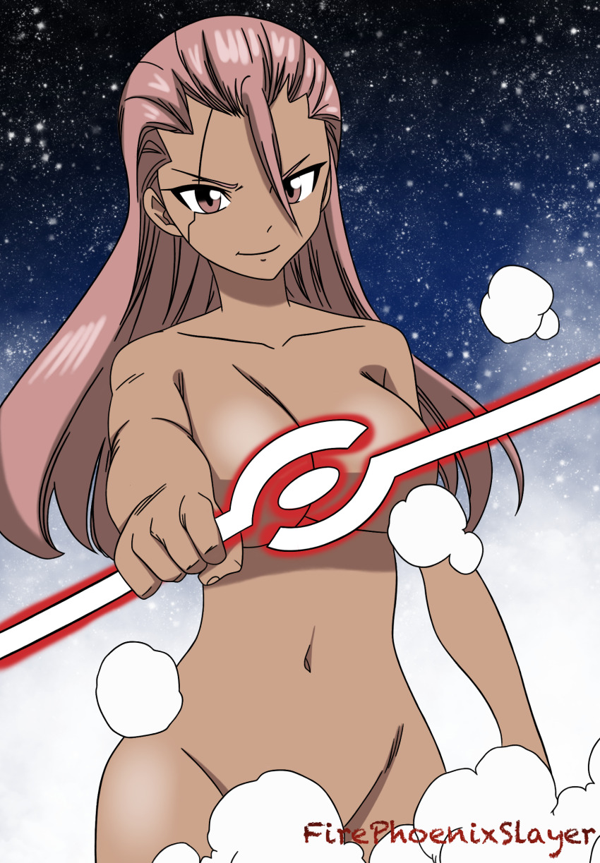 1girl, android, artist_name, convenient_censoring, dot_nose, eden's_zero, energy_sword, firephxslayer