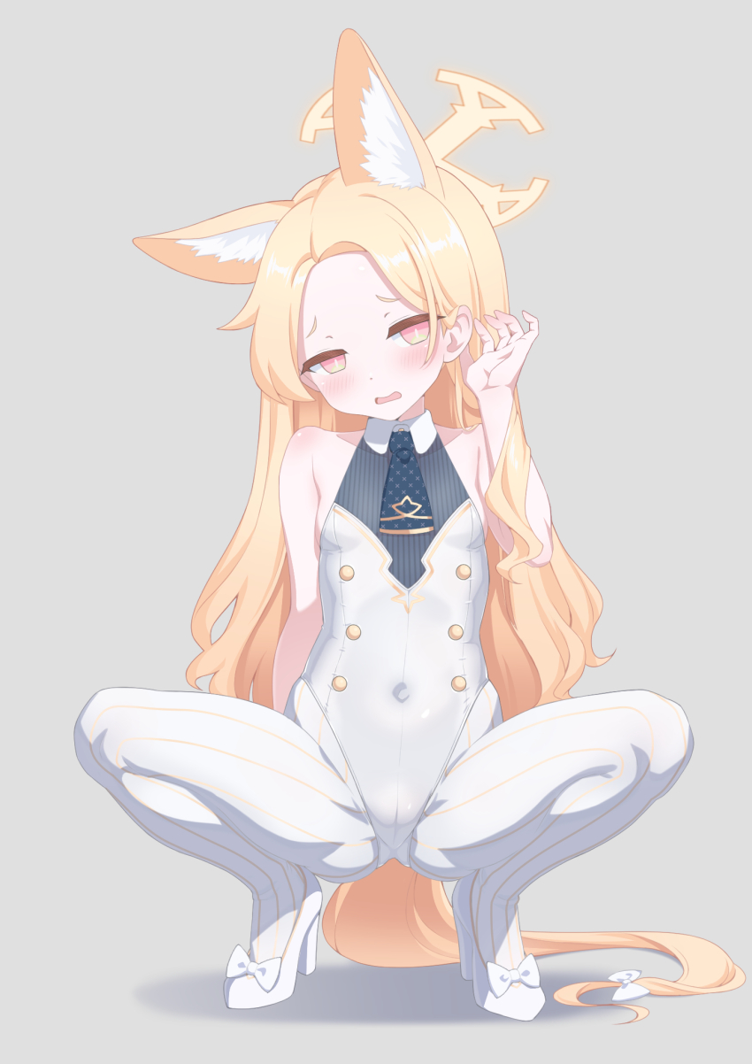 1girl, animal_ear_fluff, animal_ears, ascot, bare_arms, bare_shoulders, blonde_hair, blue_archive