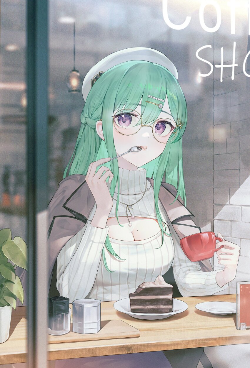 1girl, beret, braid, breasts, butterfly_hair_ornament, cafe, cake, cake_slice