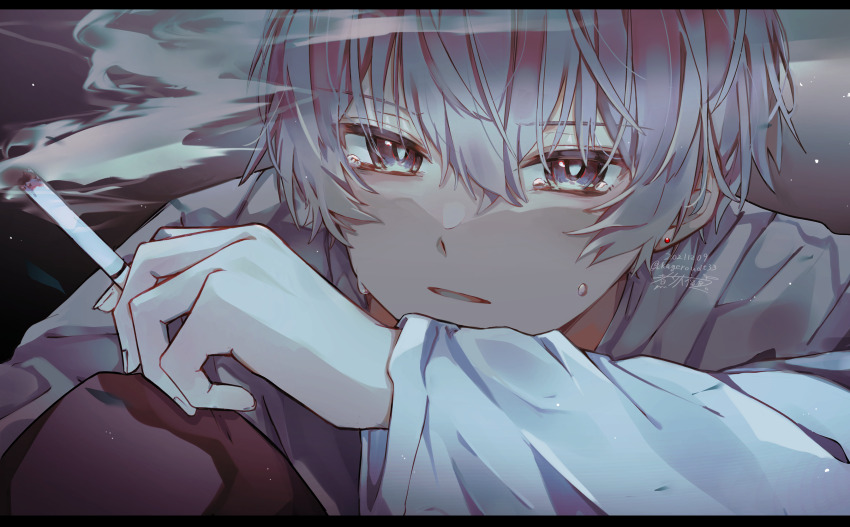 1boy, 2022, absurdres, brown_background, brown_pants, cigarette, daifuku_mame_(kageroudt33), earrings