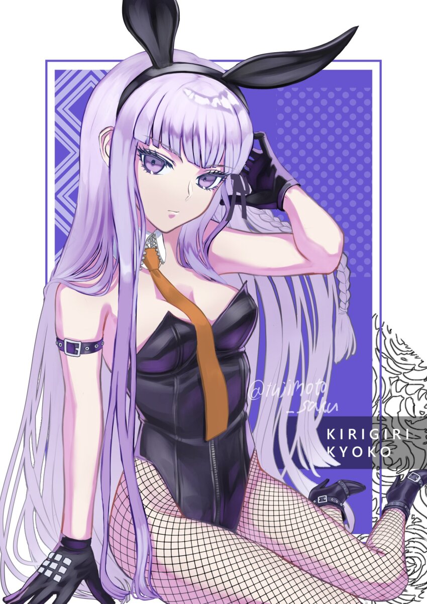 1girl, animal_ears, armlet, bare_shoulders, black_gloves, black_leotard, braid, breasts