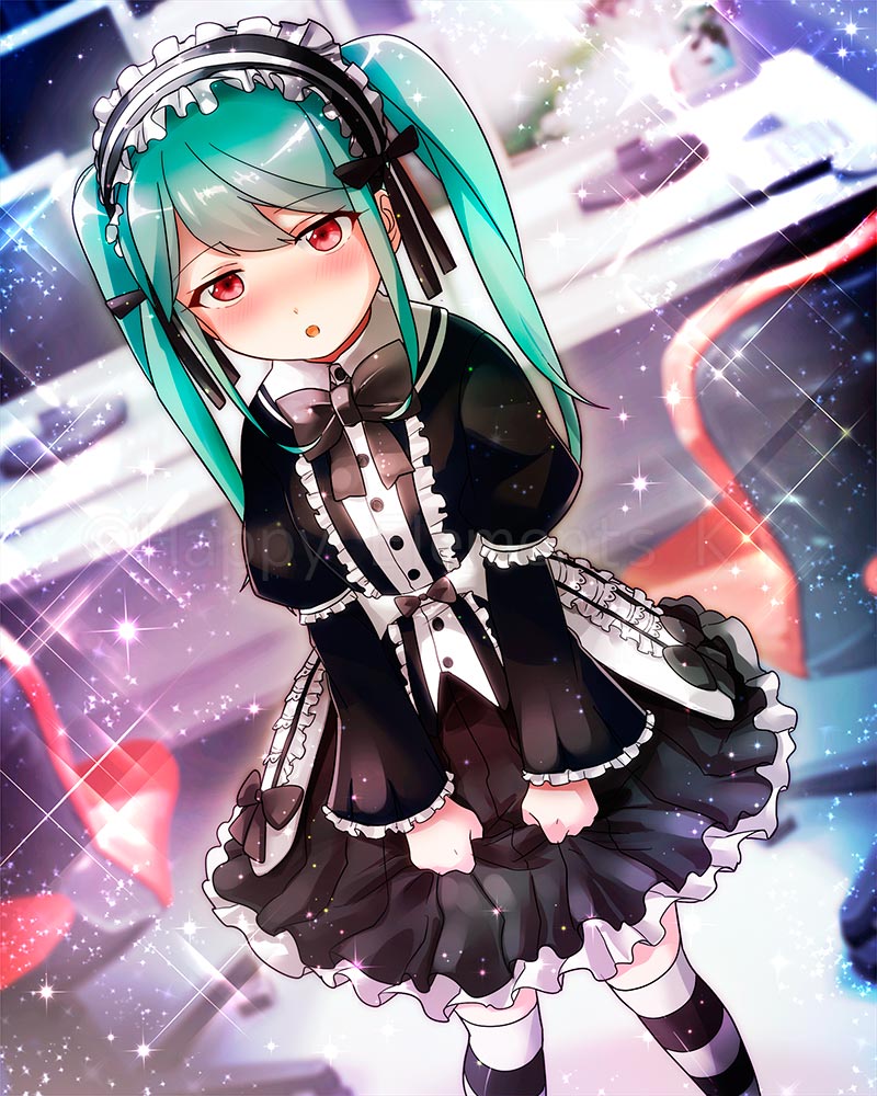 1girl, aqua_hair, black_bow, black_dress, black_thighhighs, blush, bow, dress