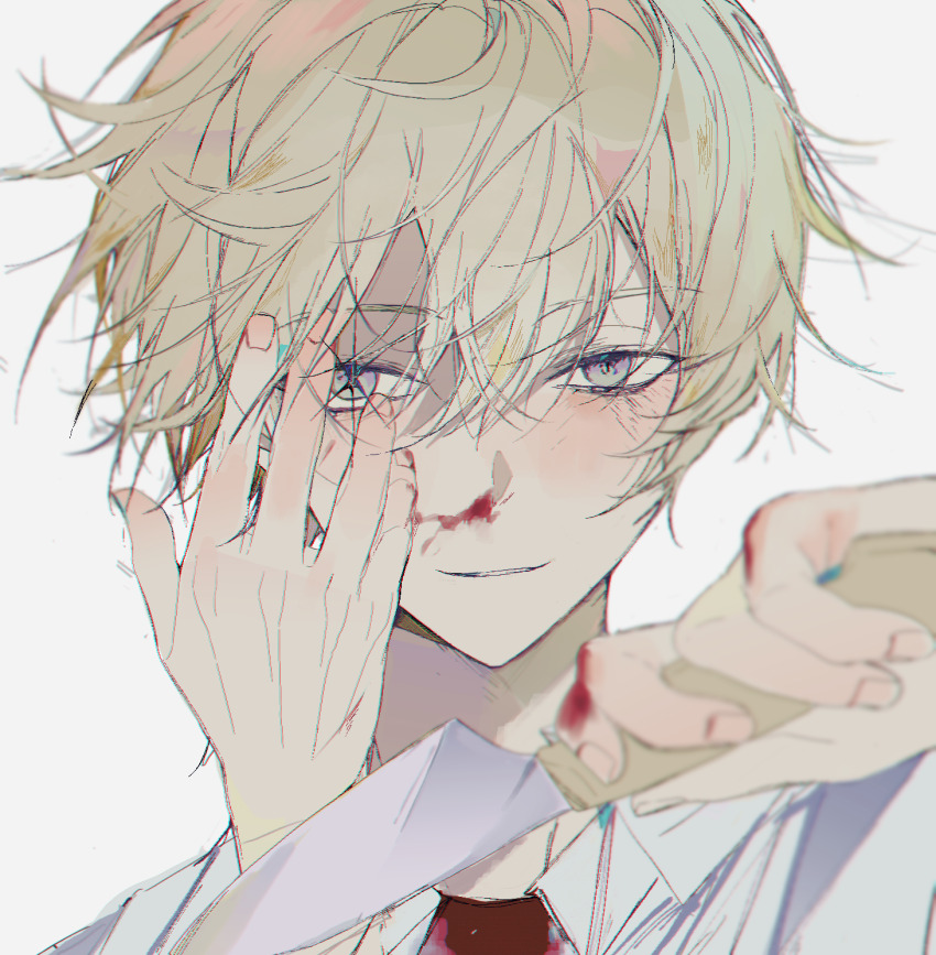 1boy, blonde_hair, blood, blood_on_clothes, blood_on_face, blood_on_hands, blush, commentary_request