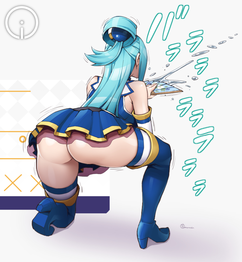 1girl, aqua_(konosuba), ass, blue_hair, blue_skirt, blue_thighhighs, boots, commentary_request