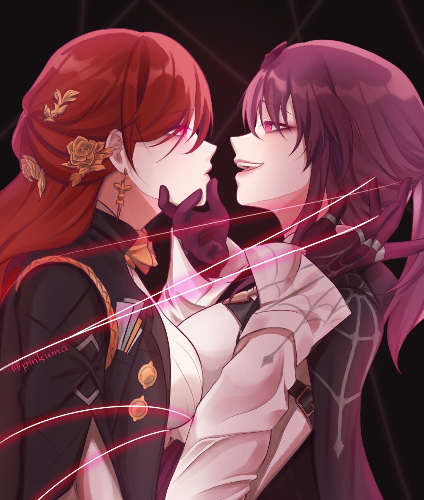 2girls, absurdres, breasts, earrings, eyewear_on_head, glowing, glowing_eyes, grabbing_another's_chin