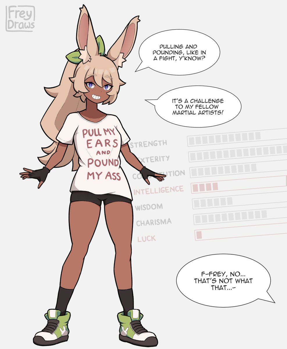 1girl, animal_ears, black_shorts, black_socks, blonde_hair, blue_eyes, clothes_writing, dark-skinned_female, dark_skin, english_text, fingerless_gloves, freckles, frey_(freydraws), freydraws, fuck-me_shirt, gloves, grey_background, grey_shirt, grin, hair_between_eyes, highres, looking_at_viewer, misunderstanding, original, ponytail, rabbit_ears, shirt, shoes, short_sleeves, shorts, smile, socks, solo, speech_bubble, standing, stats, teeth