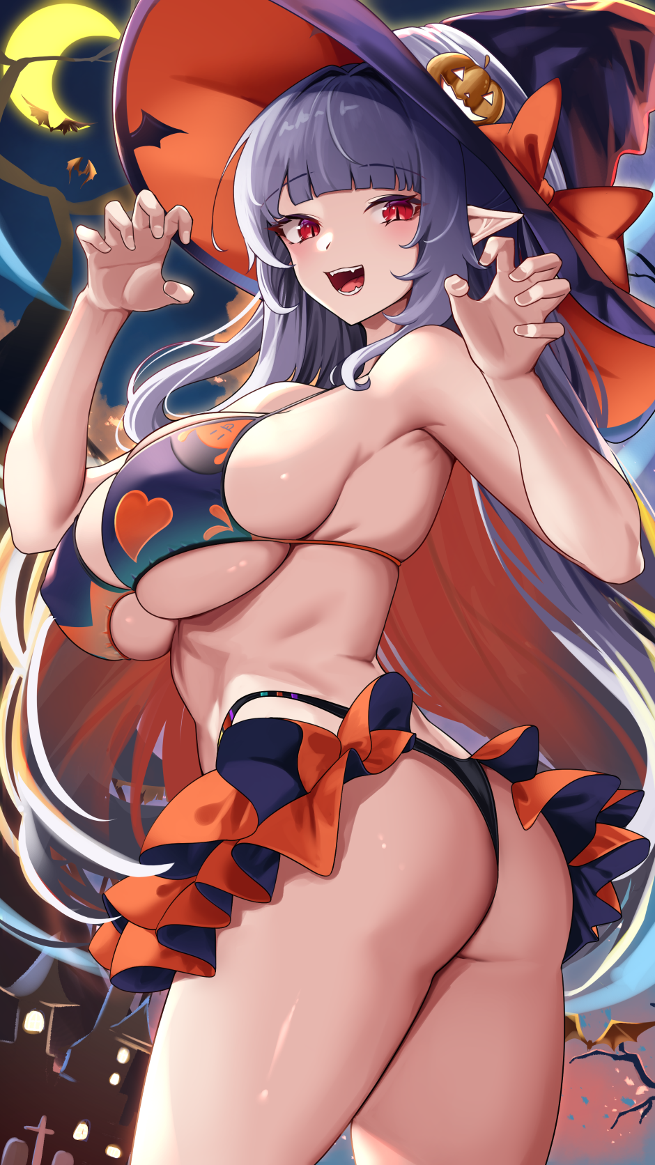 1girl, ass, bare_arms, bare_shoulders, black_hair, blush, breasts, commentary