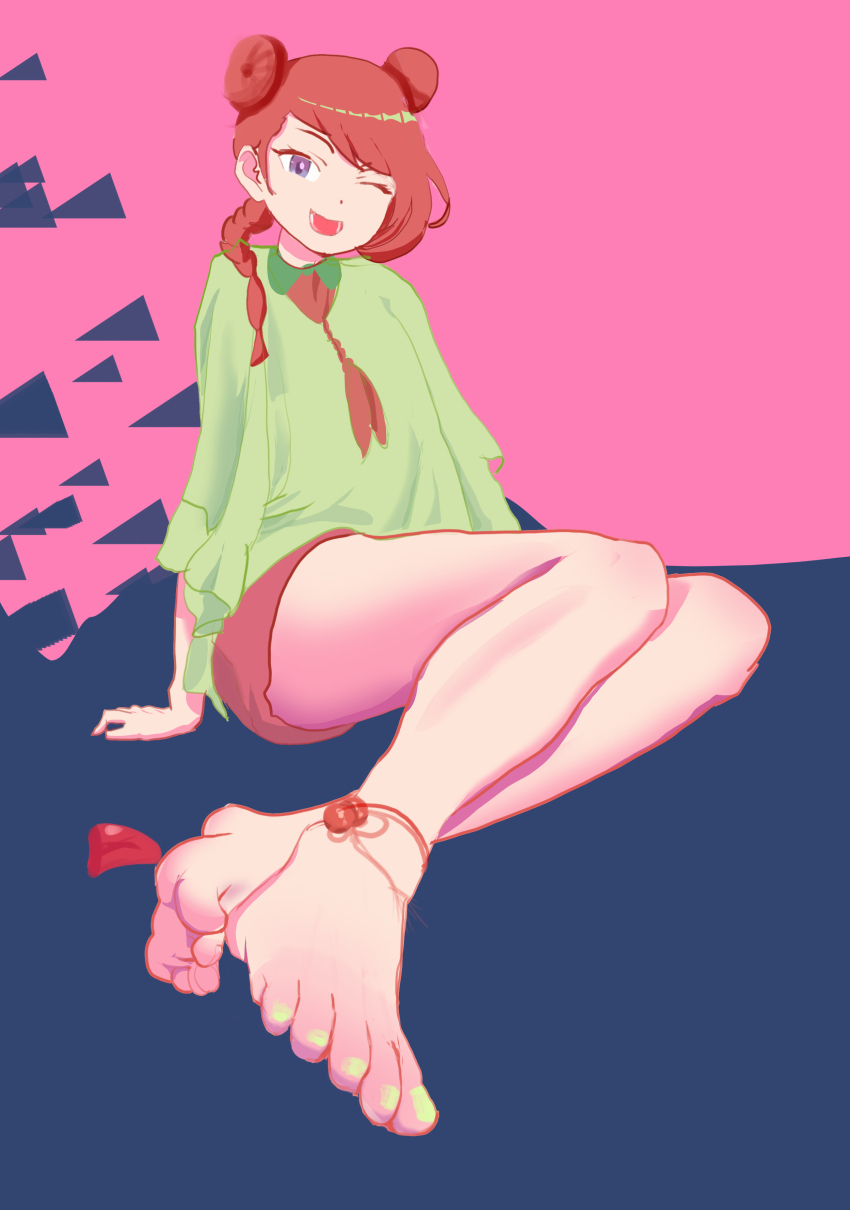 1girl, absurdres, barefoot, blue_eyes, braid, double_bun, feet, foot_worship