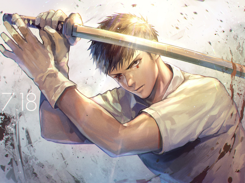 1boy, black_hair, blood, blood_splatter, closed_mouth, dorohedoro, eye_tattoo, gloves