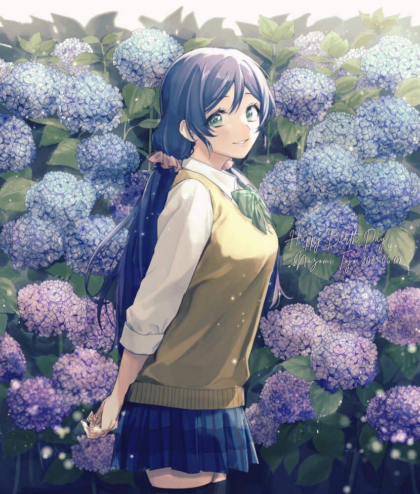 1girl, arms_behind_back, azuma_(no488888), black_thighhighs, blue_flower, blue_skirt, bow, bowtie