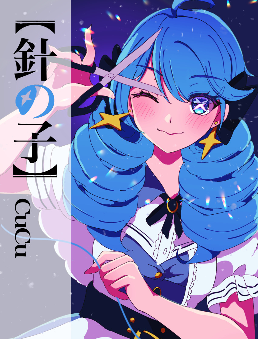 1girl, ;), ahoge, alternate_costume, black_bow, blue_eyes, bow, breasts