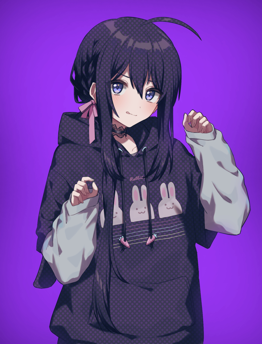 1boy, ahoge, black_choker, black_hair, black_hoodie, blush, choker, closed_mouth, grey_shirt, hair_between_eyes, hair_ribbon, hands_up, highres, hood, hood_down, hoodie, layered_sleeves, licking_lips, long_hair, long_sleeves, looking_at_viewer, male_focus, mochimiya_(coyo), namazuo_toushirou, pink_ribbon, purple_background, purple_eyes, ribbon, shirt, short_over_long_sleeves, short_sleeves, sidelocks, simple_background, sleeves_past_wrists, solo, tongue, tongue_out, touken_ranbu, trap, upper_body