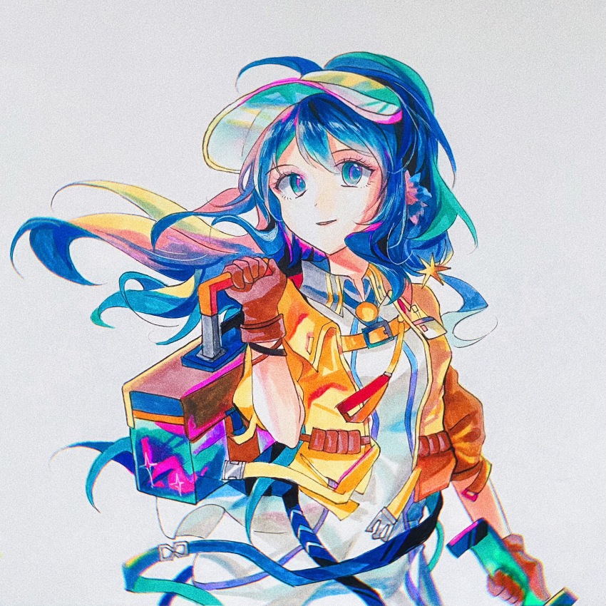 1girl, absurdres, arknights, astesia_(arknights), astesia_(fantastic_crafts)_(arknights), belt, blue_eyes, blue_hair