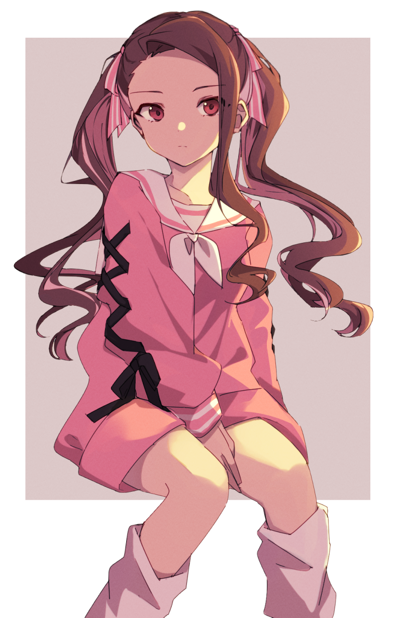 1girl, alternate_hairstyle, arm_between_legs, bow, breasts, brown_eyes, brown_hair, child