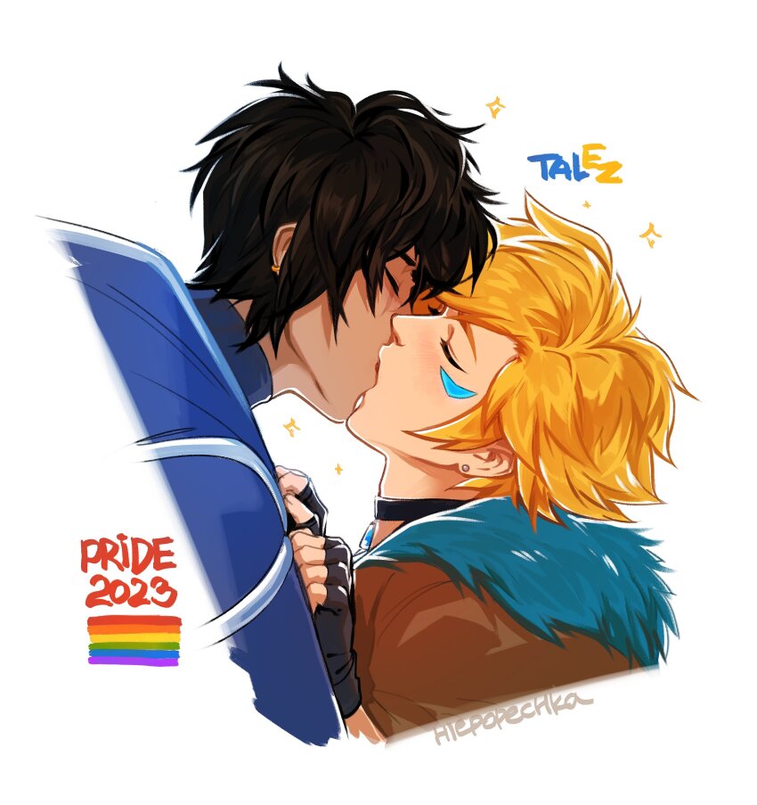 2023, 2boys, absurdres, black_choker, black_gloves, blonde_hair, brown_hair, choker