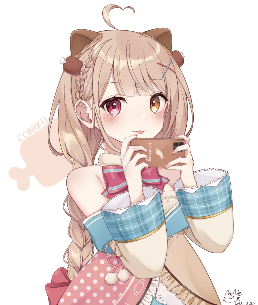 1girl, absurdres, ahoge, animal_ears, armpit_crease, back_bow, bare_shoulders, blue_dress, blush, bow, bowtie, braid, braided_ponytail, brown_hair, cellphone, dated, dog_ears, dog_girl, dot_nose, dress, hair_ornament, heart, heart_ahoge, heterochromia, highres, holding, holding_phone, indie_virtual_youtuber, long_bangs, long_hair, looking_at_viewer, meat_hair_ornament, multicolored_dress, nail_polish, nikomiya_koniku, noneon319, orange_eyes, phone, pink_bow, pink_bowtie, pink_dress, pink_eyes, pink_nails, raised_eyebrows, red_bow, sidelocks, signature, simple_background, smartphone, solo, tongue, tongue_out, upper_body, virtual_youtuber, white_background, x_hair_ornament