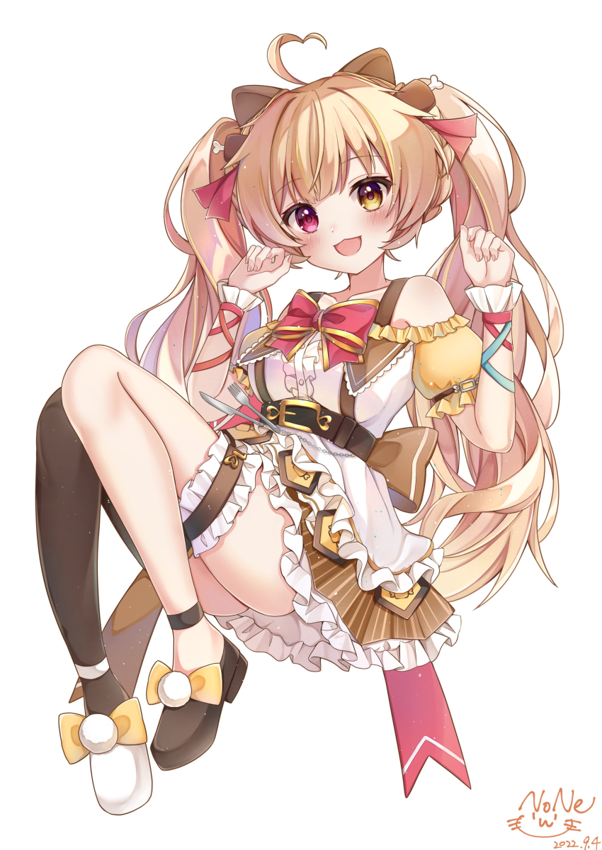 1girl, :d, absurdres, ahoge, asymmetrical_footwear, asymmetrical_legwear, bare_shoulders, black_footwear