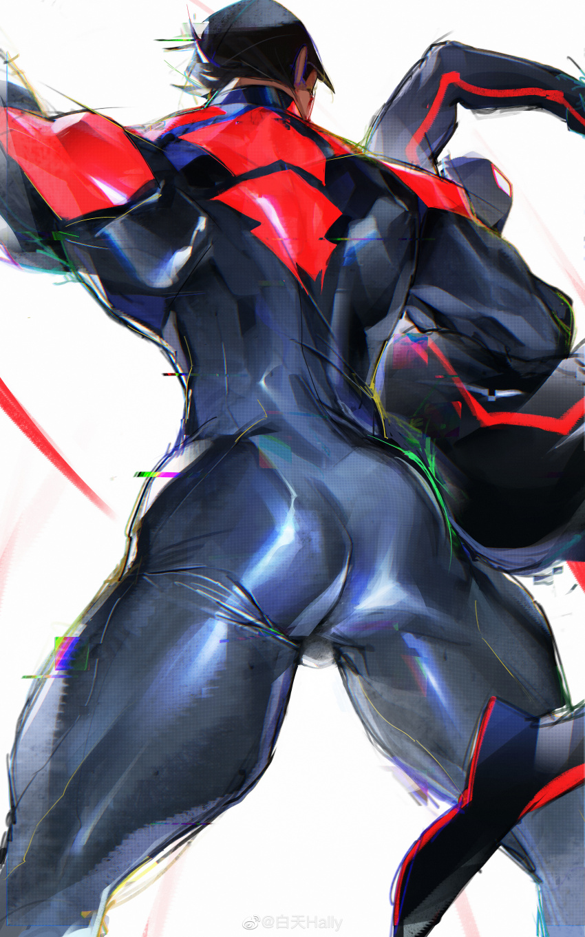 2boys, absurdres, ass, ass_focus, baizelangtai_(hallyswift), bara, black_bodysuit, bodysuit, bulge, feet_out_of_frame, from_behind, highres, male_focus, marvel, mature_male, miguel_o'hara, miles_morales, multicolored_bodysuit, multiple_boys, muscular, muscular_male, red_bodysuit, shiny_clothes, short_hair, solo, spider-man:_across_the_spider-verse, spider-man_(series), spider-verse, thick_thighs, thighs, two-tone_bodysuit, unfinished, watermark, weibo_watermark