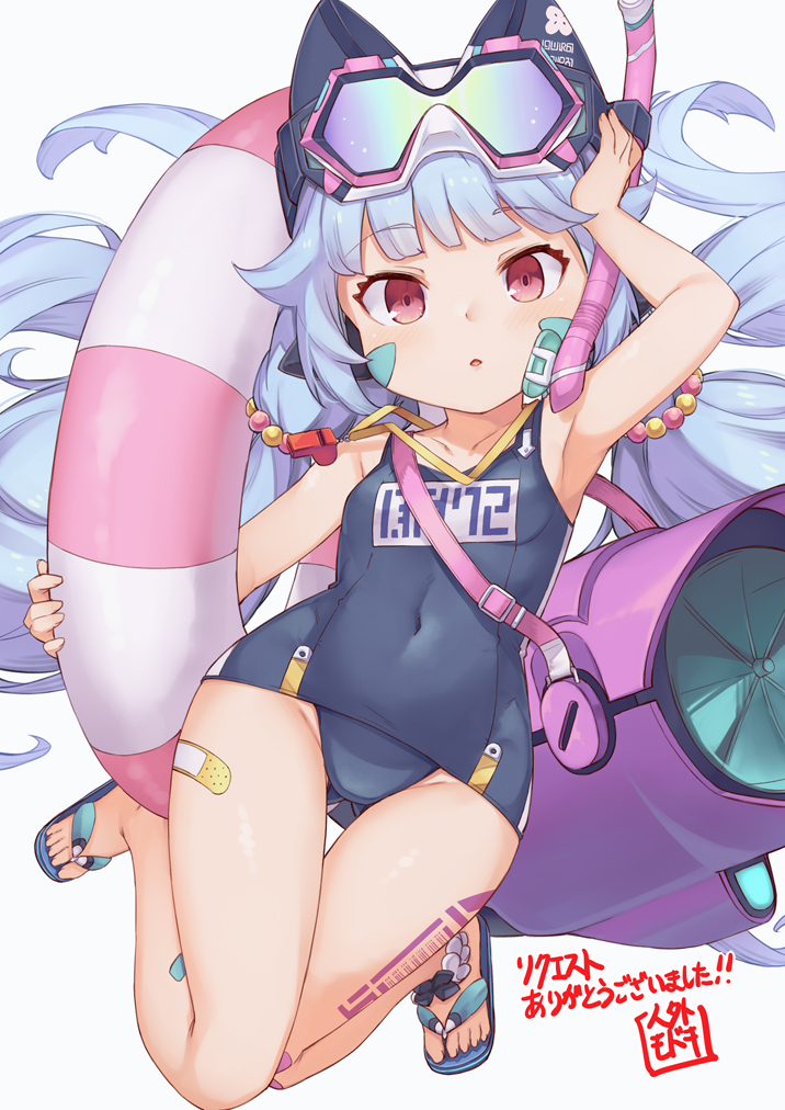 1girl, bandaid, bandaid_on_leg, bandaid_on_thigh, blue_hair, blue_one-piece_swimsuit, blunt_bangs, breasts, collarbone, commentary_request, commission, covered_navel, diving_mask, diving_mask_on_head, flip-flops, full_body, goggles, goggles_on_head, guardian_tales, hair_bobbles, hair_ornament, innertube, jingai_modoki, little_android_aa72, long_hair, looking_at_viewer, low_twintails, name_tag, old_school_swimsuit, one-piece_swimsuit, parted_lips, pink_eyes, sandals, school_swimsuit, simple_background, skeb_commission, small_breasts, solo, swim_ring, swimsuit, toes, twintails, whistle, whistle_around_neck, white_background