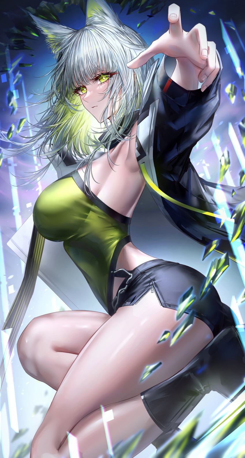 1girl, absurdres, akqne, animal_ears, arknights, arm_up, armpits, ass, bare_legs, black_boots, black_jacket, boots, breasts, cat_ears, closed_mouth, crystal, from_side, gradient_hair, green_eyes, green_hair, grey_hair, highres, jacket, kal'tsit_(arknights), kal'tsit_(remnant)_(arknights), knee_boots, knee_up, large_breasts, long_hair, long_sleeves, looking_at_viewer, looking_to_the_side, multicolored_hair, official_alternate_costume, open_clothes, open_jacket, outstretched_arm, revision, short_shorts, shorts, solo