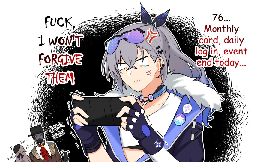 1boy, 2girls, absurdres, anger_vein, angry, beret, black_headwear, blue_gloves