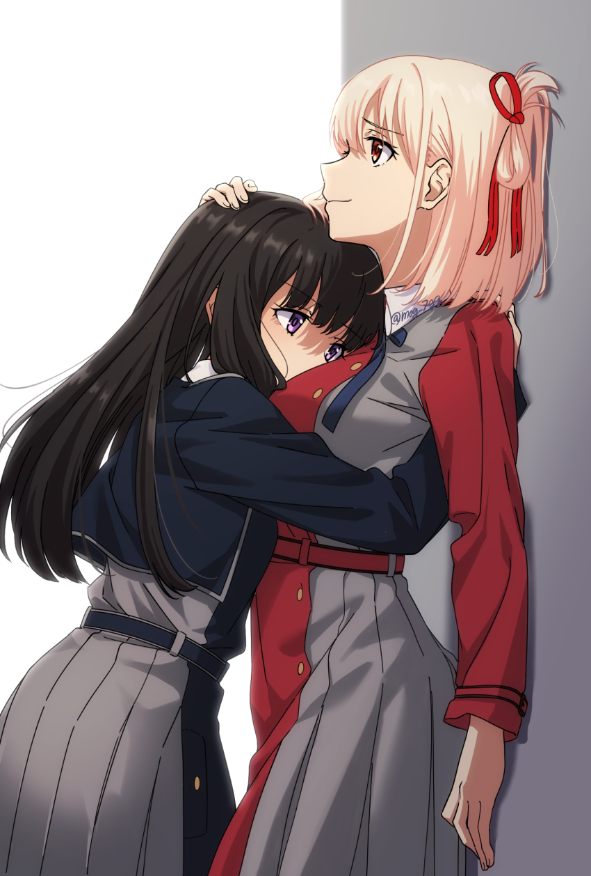 2girls, belt, black_hair, blonde_hair, blue_belt, blue_dress, breast_smother, closed_mouth