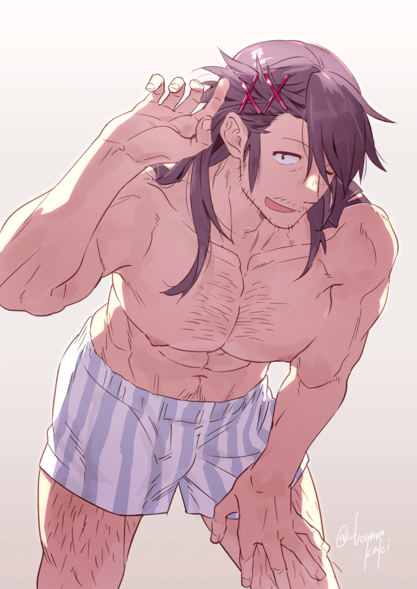 1boy, :d, abs, alternate_hairstyle, bara, boxers, bulge, chest_hair