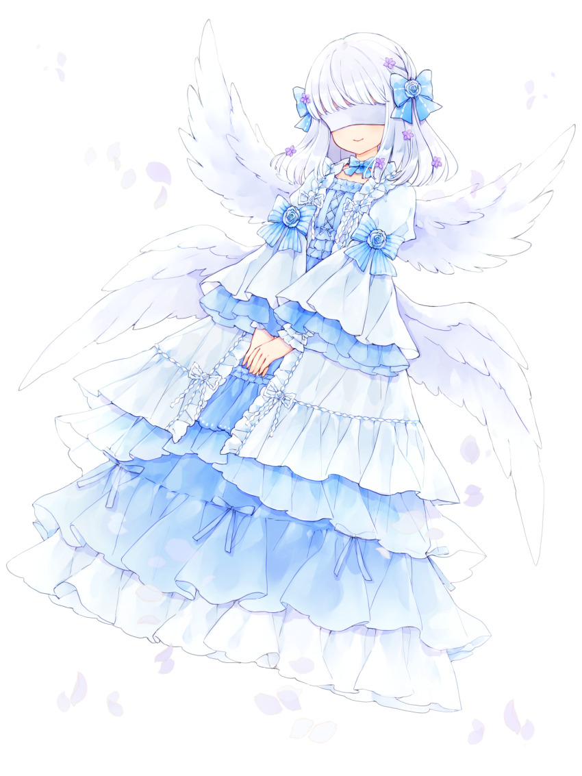 1girl, angel_wings, blindfold, blue_bow, bow, chain_paradox, dress, dress_bow