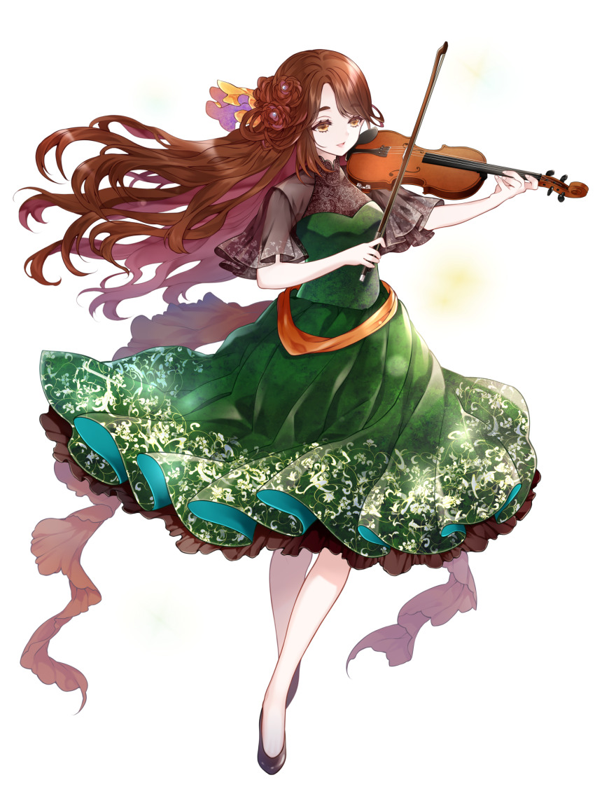 1girl, black_footwear, bow_(music), breasts, brown_eyes, brown_hair, chain_paradox, dress, flower, full_body, green_dress, hair_flower, hair_ornament, highres, holding, holding_bow_(music), holding_instrument, holding_violin, instrument, jm_pbw, long_hair, music, nanamori_minoru, open_mouth, playing_instrument, small_breasts, solo, standing, transparent_background, very_long_hair, violin