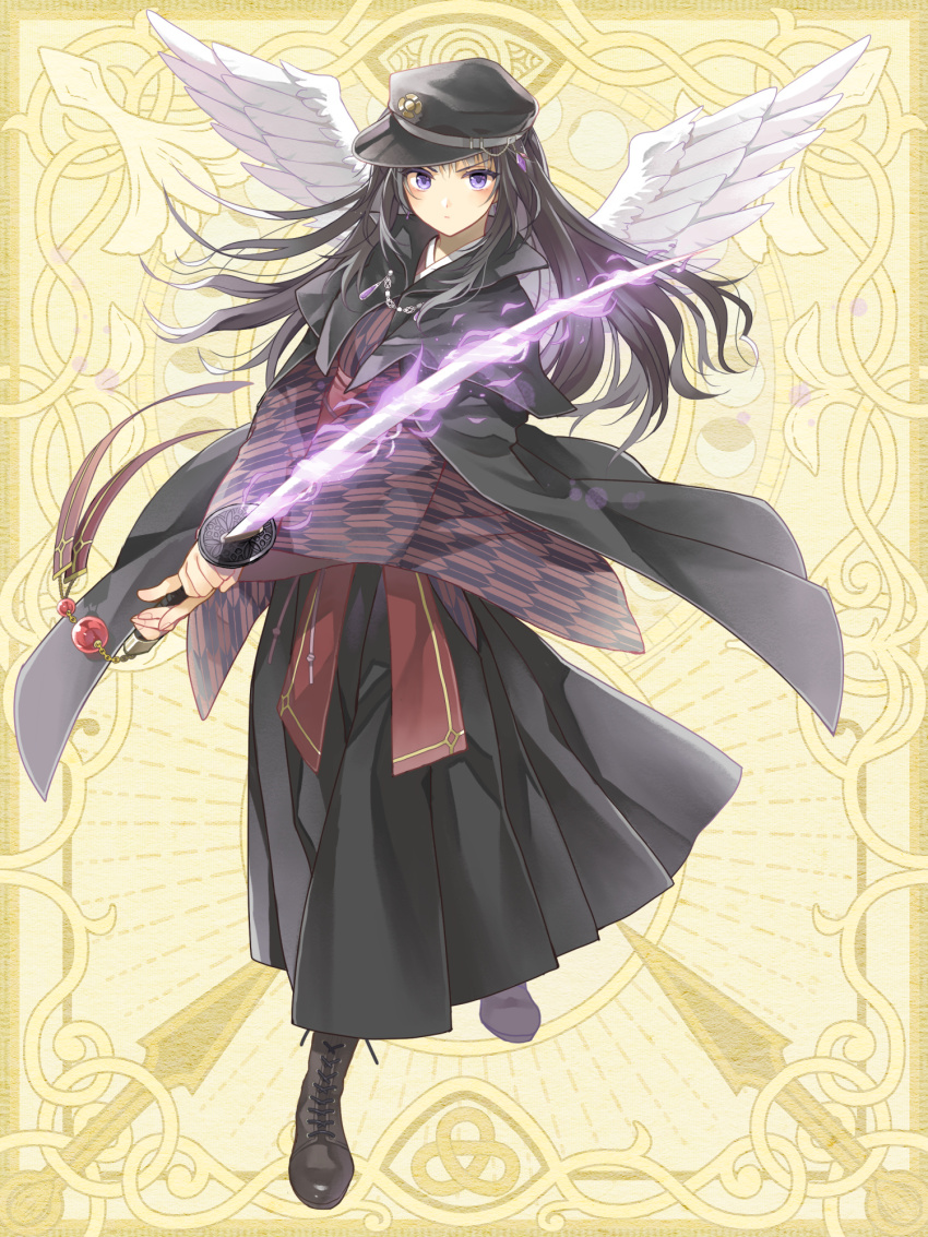 1girl, black_hair, black_headwear, blue_eyes, chain_paradox, chloe_blanche, cross-laced_footwear, feathered_wings, full_body, glowing, glowing_sword, glowing_weapon, hareiro_glass, highres, japanese_clothes, long_hair, standing, weapon, white_wings, wings, yellow_background