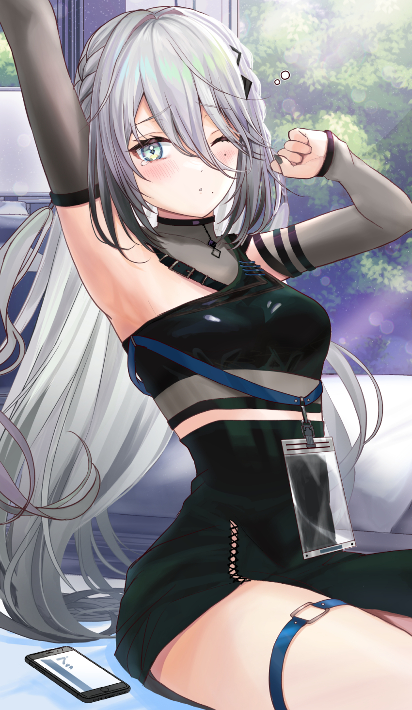 1girl, arm_up, armpits, asymmetrical_clothes, black_choker, black_hair, black_nails, black_shirt, blush, braid, breasts, cellphone, choker, crop_top, cross-laced_slit, day, detached_sleeves, french_braid, gradient_hair, green_eyes, green_shirt, green_skirt, grey_eyes, grey_hair, grey_sleeves, hair_between_eyes, hair_ornament, high-waist_skirt, highres, indoors, kashiwagi_touko, lanyard, long_hair, long_sleeves, looking_at_viewer, medium_breasts, mole, mole_under_eye, mole_under_mouth, multicolored_hair, nijisanji, phone, shirt, side_slit, sitting, skirt, smartphone, solo, sophia_valentine, sophia_valentine_(1st_costume), stretching, tearing_up, thigh_strap, thighs, triangle_hair_ornament, very_long_hair, virtual_youtuber, white_hair