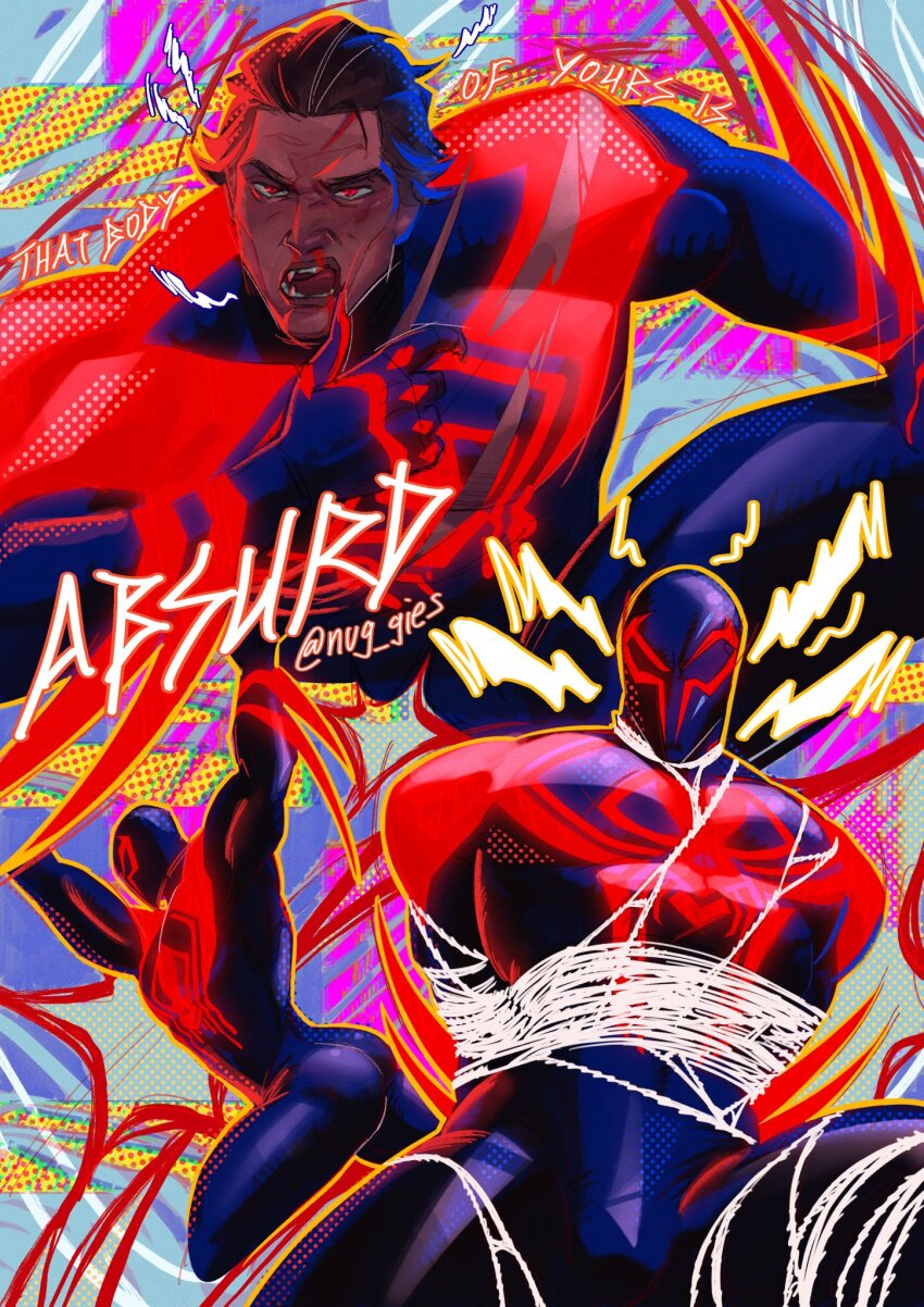 animal_print, ass, bara, bdsm, blood, blood_on_face, blue_bodysuit, bodysuit, bondage, bound, broad_shoulders, brown_hair, dark-skinned_male, dark_skin, fangs, hair_slicked_back, highres, large_pectorals, latex, latex_bodysuit, male_focus, marvel, mask, miguel_o'hara, multicolored_bodysuit, multiple_views, muscular, muscular_male, nosebleed, nuggies_(nug_gies), pectorals, red_bodysuit, red_eyes, shiny_clothes, skin_tight, spider-man:_across_the_spider-verse, spider-man_(2099), spider-man_(series), spider-verse, spider_print, thick_eyebrows, thick_thighs, thighs, torn_clothes, two-tone_bodysuit, wiping_blood, wiping_nose