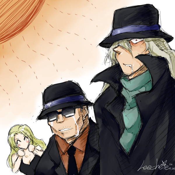 1girl, 2boys, gin_(meitantei_conan), gradient_background, meitantei_conan, multiple_boys, saliva, summer