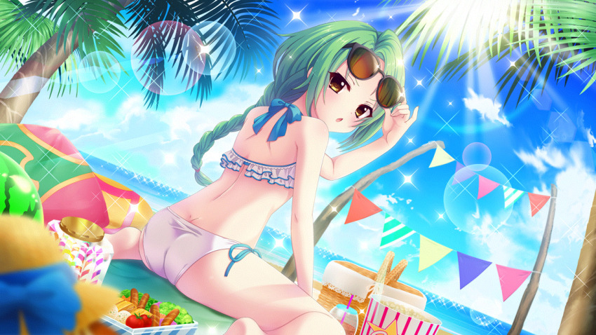 1girl, ball, bare_legs, barefoot, beach, beachball, bento, bikini