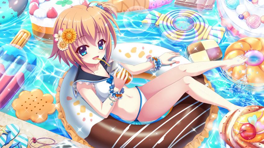 1girl, ahoge, bare_legs, bare_shoulders, barefoot, bikini, blue_eyes, blue_sailor_collar, blue_scrunchie, blue_wrist_cuffs, brown_hair, cake, candy, checkerboard_cookie, cheery, collarbone, cookie, cupcake, donut, donut_innertube, dot_nose, drink, drinking_straw, drinking_straw_in_mouth, earbuds, earphones, film_grain, flip-flops, flower, food, from_above, fruit, game_cg, hair_flower, hair_ornament, hair_scrunchie, ice_cream, ice_cream_cone, innertube, izumi_tsubasu, lens_flare, looking_at_viewer, navel, non-web_source, official_art, open_mouth, pool, popsicle, re:stage!, reclining, sailor_bikini, sailor_collar, sandals, scrunchie, self-datamine, shikimiya_mana, short_hair, side-tie_bikini_bottom, smile, solo, sparkle, splashing, strawberry, swim_ring, swimsuit, water, white_bikini, white_flower, wrist_cuffs, yellow_flower