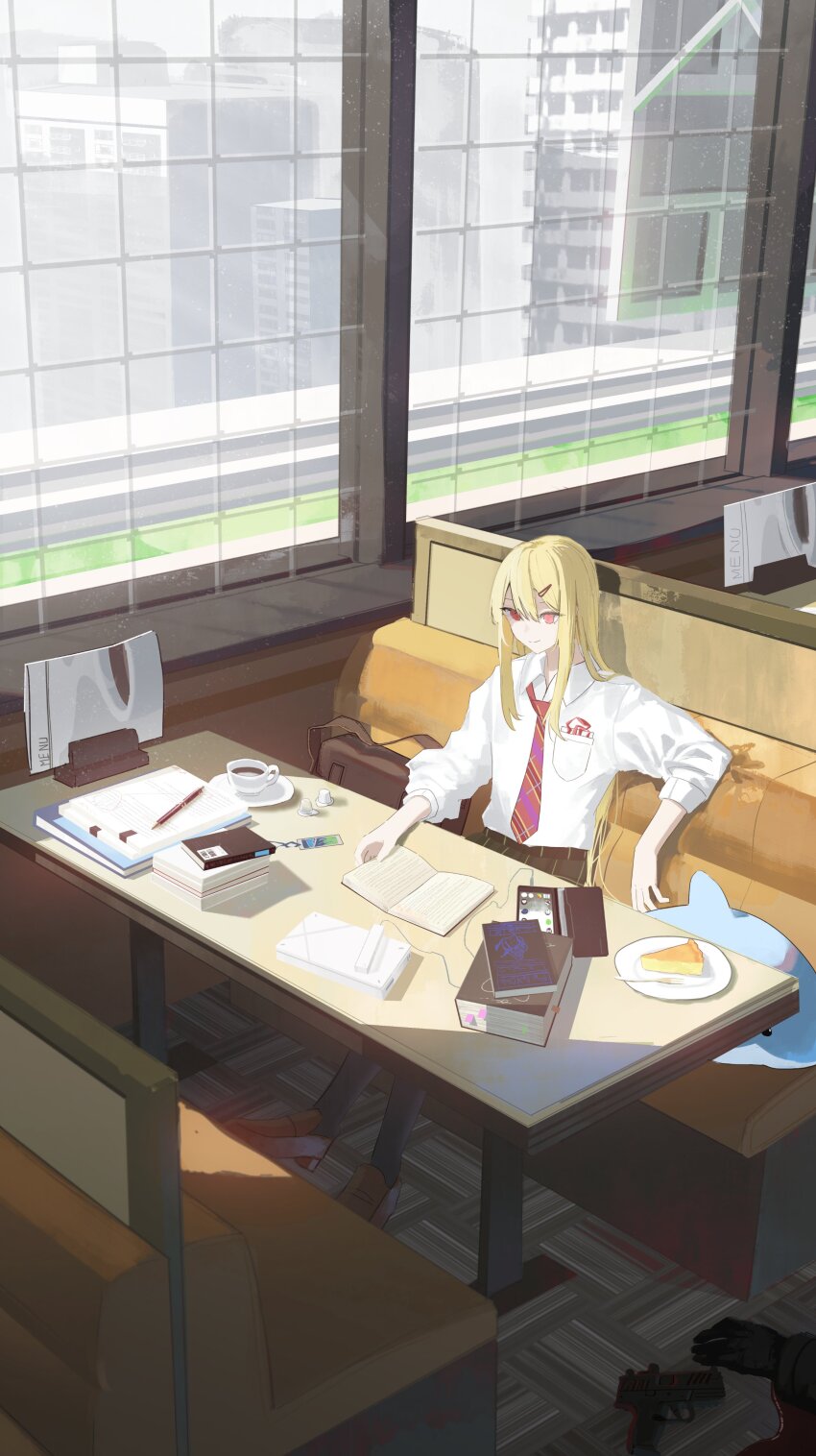 1girl, 1other, absurdres, arm_rest, asteroid_ill, black_pants, blonde_hair, blood