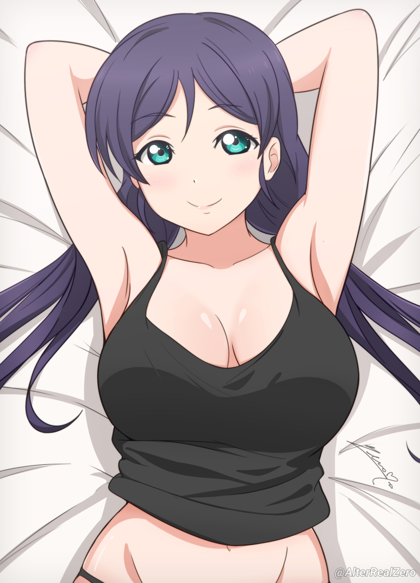 1girl, absurdres, alter_real_zero, aqua_eyes, armpits, arms_behind_head, arms_up, artist_name, black_camisole, breasts, camisole, cleavage, closed_mouth, collarbone, commentary, dot_nose, english_commentary, groin, highres, large_breasts, light_smile, long_hair, looking_at_viewer, love_live!, love_live!_school_idol_project, low_twintails, lying, navel, on_back, purple_hair, signature, solo, tojo_nozomi, twintails, twitter_username, upper_body