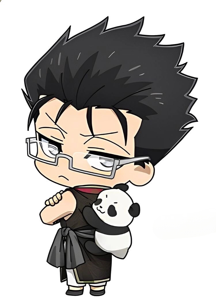 1boy, black_eyes, black_hair, black_ribbon, black_shirt, blue_lock, chibi, closed_mouth, crossed_arms, glasses, looking_at_viewer, looking_back, male_focus, pants, ribbon, serious, shirt, simple_background, solo, stuffed_toy, tsurugi_zantetsu, white_background, white_pants